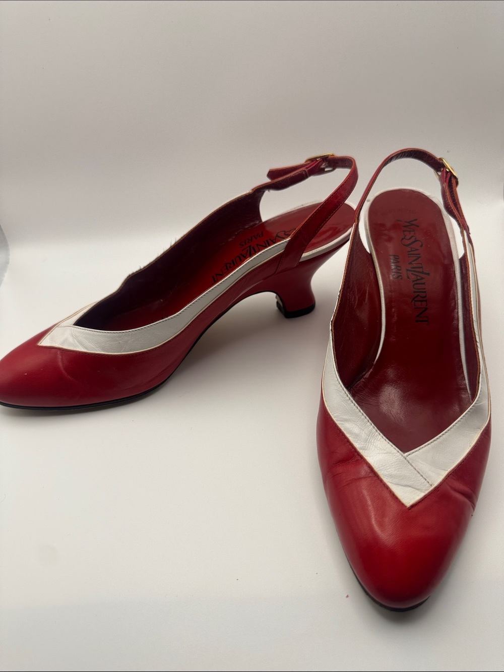 Yves Saint Laurent Red and White Slingback Kitten Heels